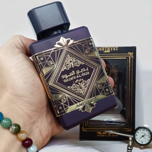 Perfume Bade'e Al Oud Amethyst Lattafa unisex 100ml EDP (LUJO) en caja 1.1