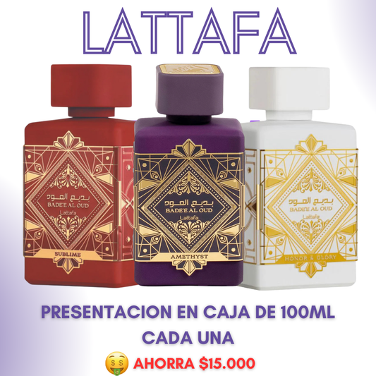 LATTAFA honor, sublime y amatista Presentacion caja